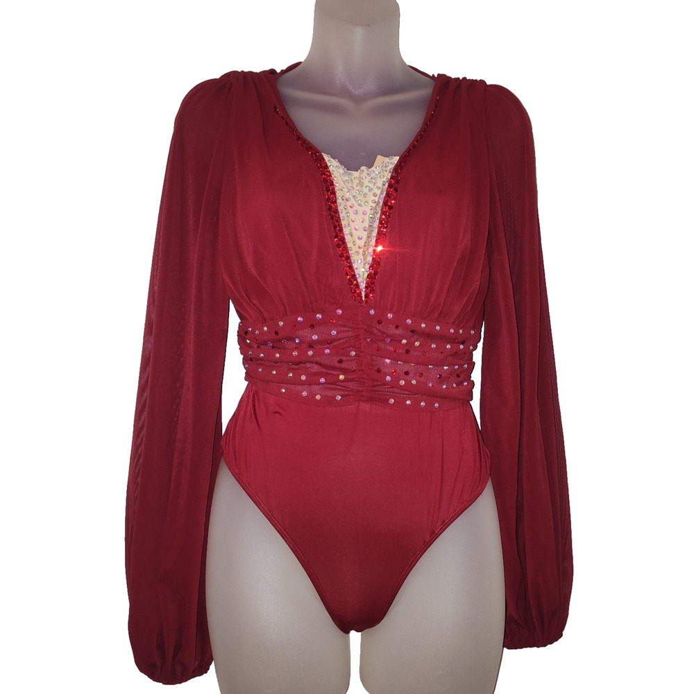 Pretty Little Thing Women's Red Long Sleeve V Neck Bodysuit Size 2 BG15
